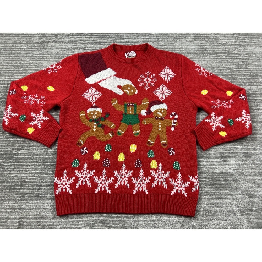 Party Sweater Dec. 25th Large Red Whimsical‎ Gingerbread Man Snowflakes